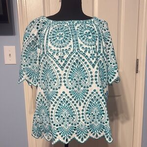 Chico's White and Teal Embroidered Top